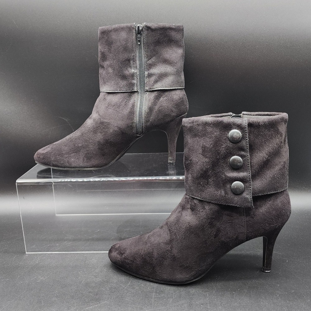 Fioni 9.5W Black Faux Suede Button Ankle Boots Stiletto Heel Wide Width Dressy